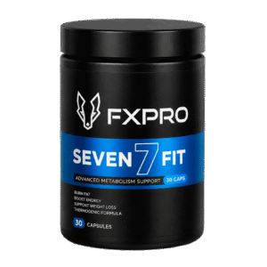 Botella de suplemento quemador de grasa FXPRO SEVEN FIT, 30 cápsulas, etiqueta azul.
