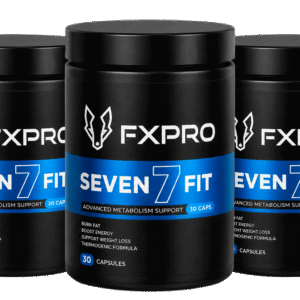 Tres tarros de suplemento quemador de grasa FXPRO SEVEN FIT, tratamiento completo de 90 días, etiqueta azul.